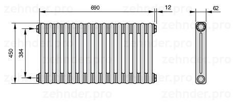 Схема (чертеж) Радиатор Zehnder Charleston 2045/15 №1270 Белый глянцевый RAL 9016